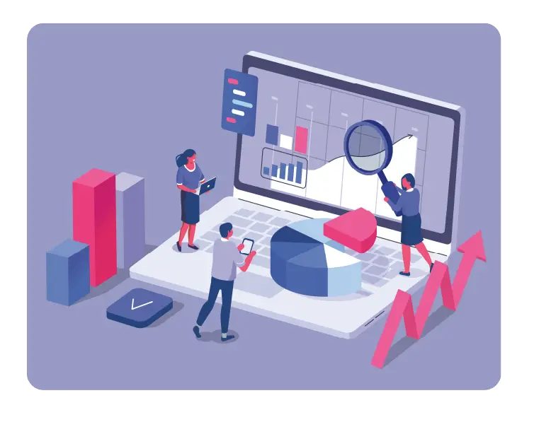 Team analyzing eCommerce dashboard and agency reporting metrics with charts, graphs, and performance data on a laptop – business analytics and marketing insights illustration.